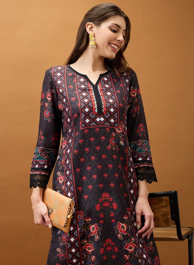 globus Women Black Floral Print Lace Insert Kurta with Pant Set - Image 5